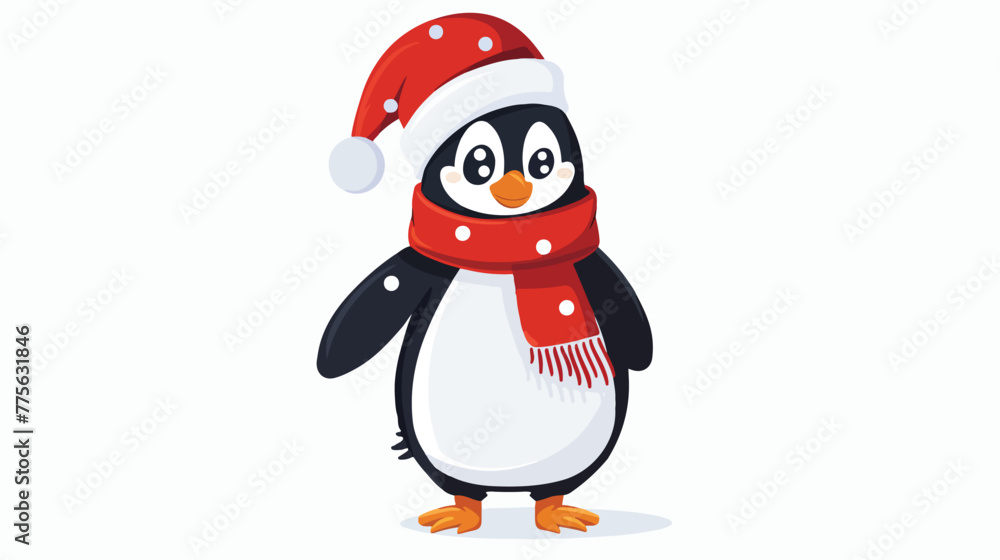 Cartoon penguin wearing hat and scarf flat vector isolated