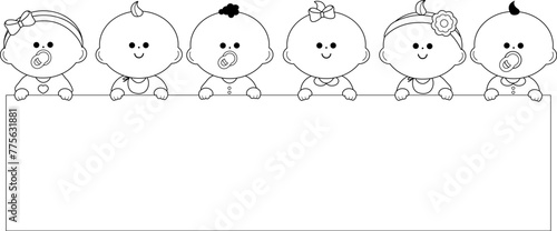 Diverse group of babies and blank banner. Cute baby girls and boys holding a blank sign. Vector black and white coloring page.