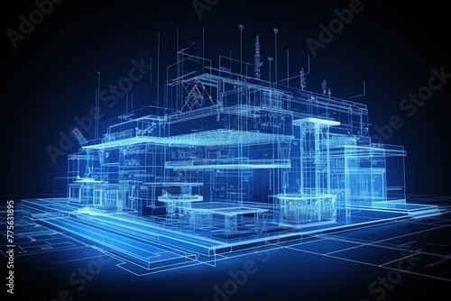 3D Industrial Building Holographic Blueprint Design. 
