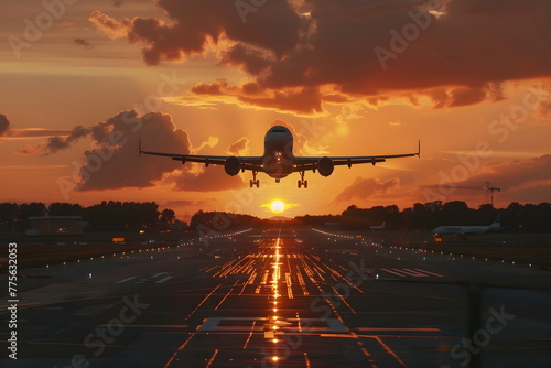 An airplane arriving and landing during sunset
