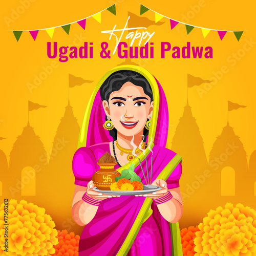 Vector illustration of traditional Indian festival celebration background for the New Year's Day Ugadi (Gudi Padwa, Yugadi)