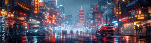 Dystopian cityscape with neon signs and rain-slick streets photo