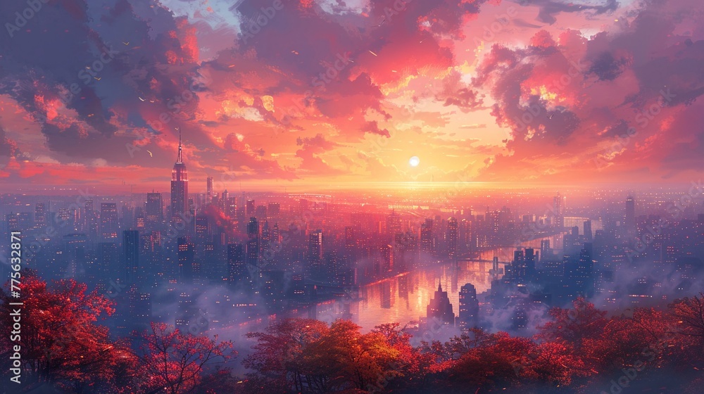 City overlook rendered in an expressive painterly style City overlook rendered in an expressive painterly style