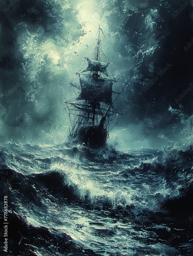 Stormy sea voyage illustrated with dynamic brushstrokes and a moody