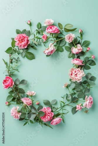 Pink roses and green leaves in a circle frame on a mint pastel floral background.