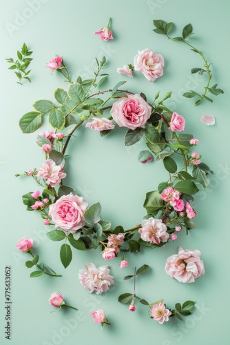 Pink roses and green leaves in a circle frame on a mint pastel floral background.