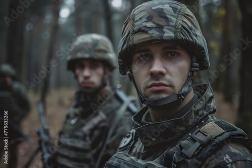 Two military soldiers standing in a forest on a lookout photo