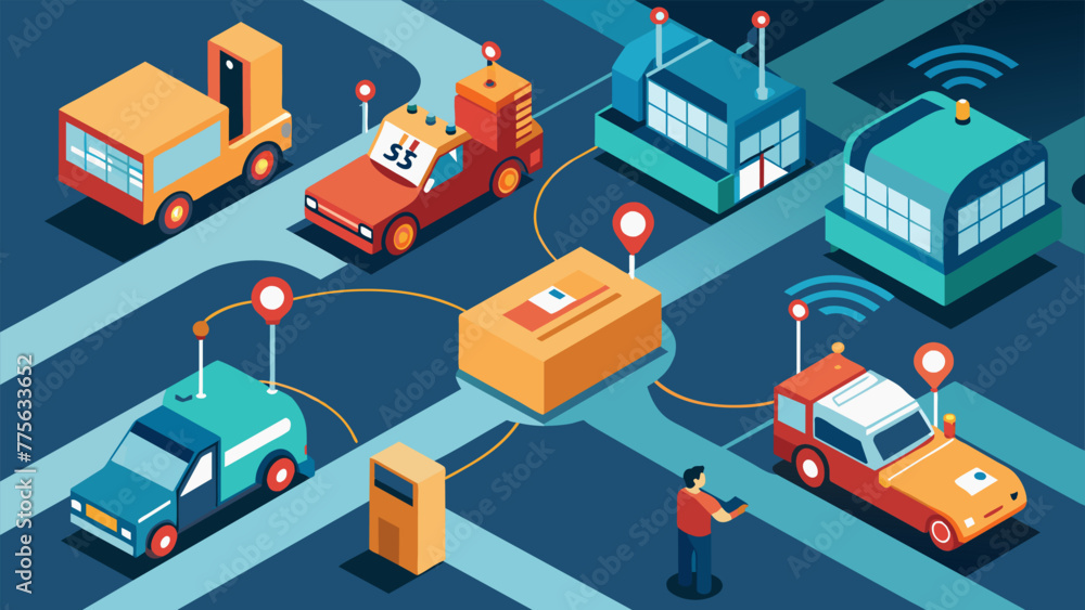 An overhead view of a factory production room where a fleet of selfdriving forklifts can be seen efficiently transporting materials and An overhead view of a factory production room where a fleet of selfdriving forklifts can be seen efficiently transporting materials and