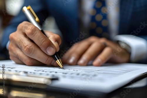 Man Writing on Piece of Paper With Pen photo