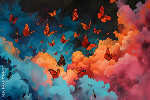 a painting of many orange butterflies flying in the air over a blue and pink cloud filled with pink and orange smoke and light, with a black background of blue and pink. photo