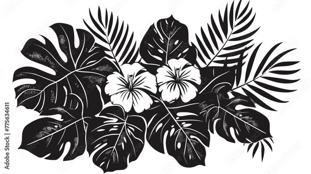 Black and white tropical bouquet. Large ornamental le - obrazy, fototapety, plakaty 