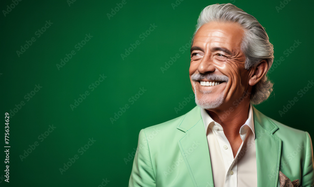Elegant senior man with silver hair and green blazer smiling confidently against a matching green background Elegant senior man with silver hair and green blazer smiling confidently against a matching green background