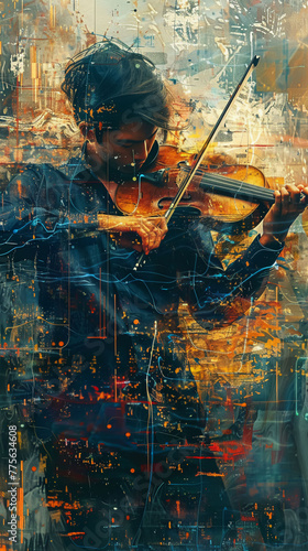 A man playing a violin in a cityscape