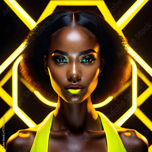 Radiant Black Women on Yellow Neon Background(Generative AI) photo