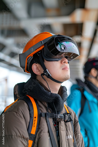 A man wearing a VR headset and a helmet