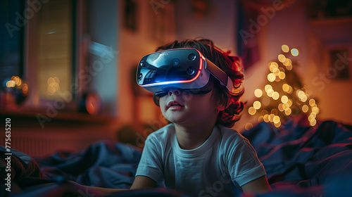 Boy child sitting on bed wearing VR glasses © Art of Ngu