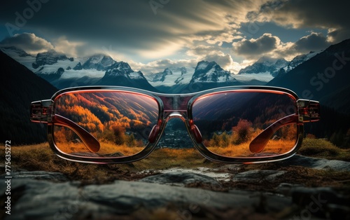 A pair of sunglasses with a reflection of the mountains in the background © crazyass