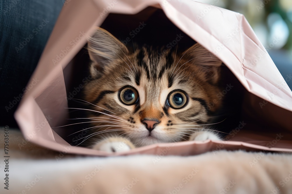 A Kitten Peeking Out of a Bag