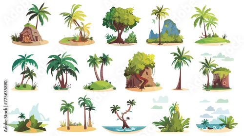 Cartoon tropical island collection set flat vector is