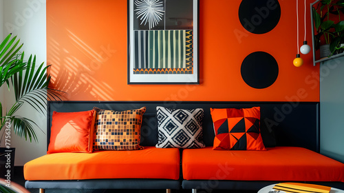 Modern living room interior design in Memphis. The orange and black wall featuring a poster frame is paired with a colourfully cushioned sofa. photo