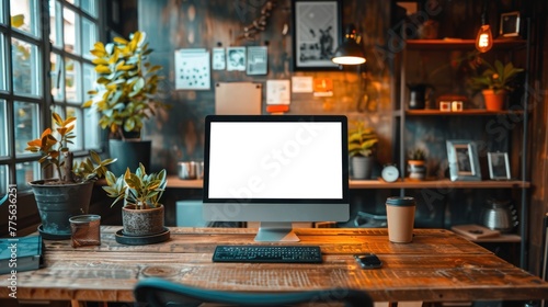 A computer monitor sits on a wooden desk in a room with a lot of plants