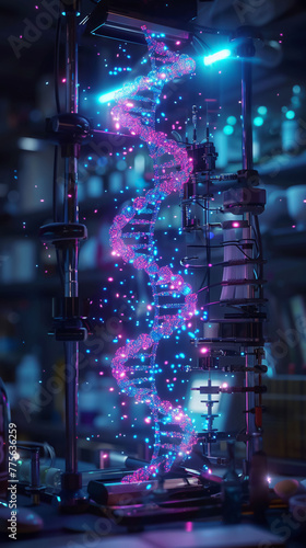 A glowing DNA strand is suspended in a lab