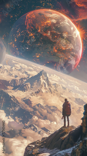 A man stands on a mountain looking out at a planet with a large red