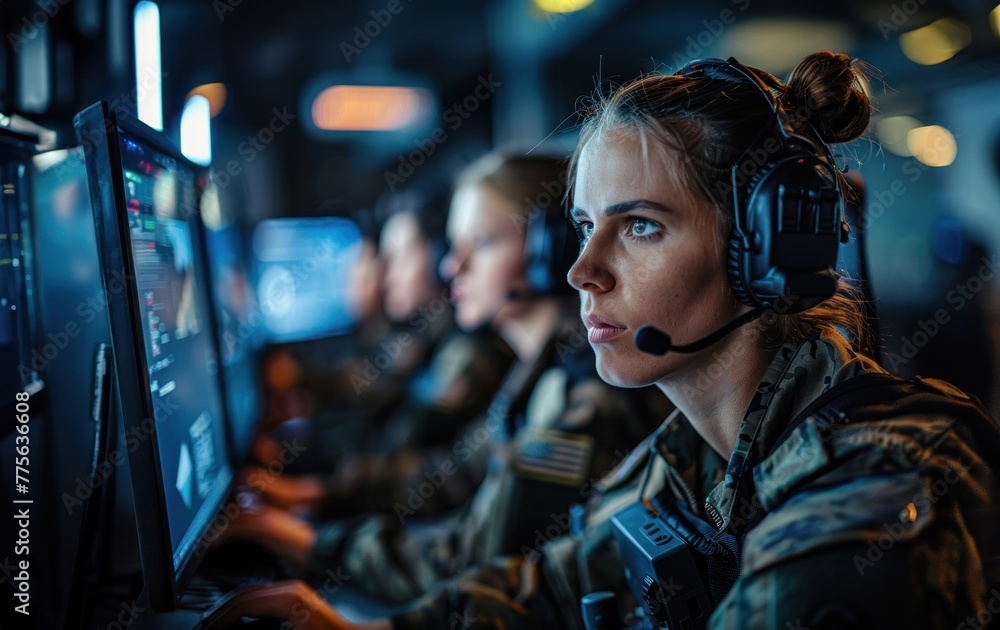 A woman in a military uniform is wearing a headset
