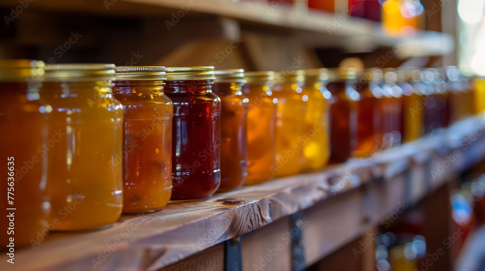 A row of glass jars filled with different colored jams A row of glass jars filled with different colored jams