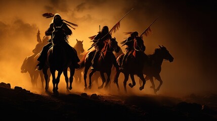 Indians are riding a horse and spear ready to use In light of the Silhouette