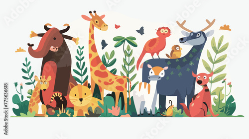 Cartoon wild animals background flat vector isolated