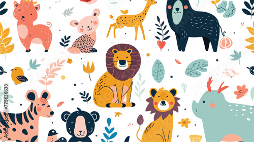 Cartoon wild animals background flat vector isolated