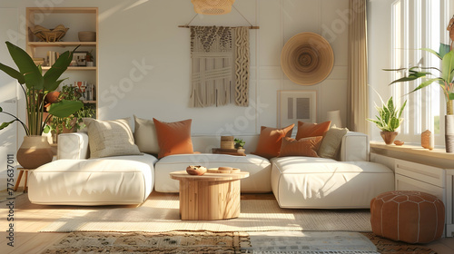 Modern living room with a bohemian interior style. Cover the sofa with beige and terracotta pillows.