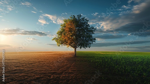 Climate change, A drying tree with air pollution and green grass with beautiful sunlight sky metaphor world nature disaster and global warming concept.