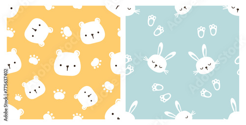 Seamless patterns with white bear, rabbit and paw print on yellow and blue mint backgrounds vector. Cute childish print. © Thanawat