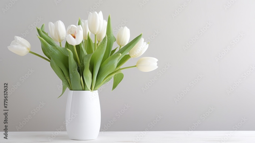 a White spring tulips in a vase on a white a White spring tulips in a vase on a white