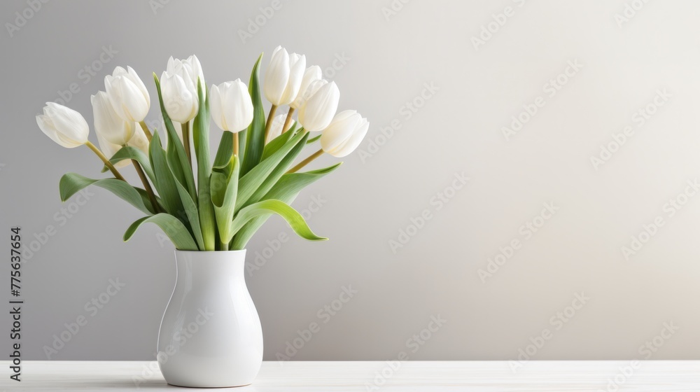 a White spring tulips in a vase on a white a White spring tulips in a vase on a white