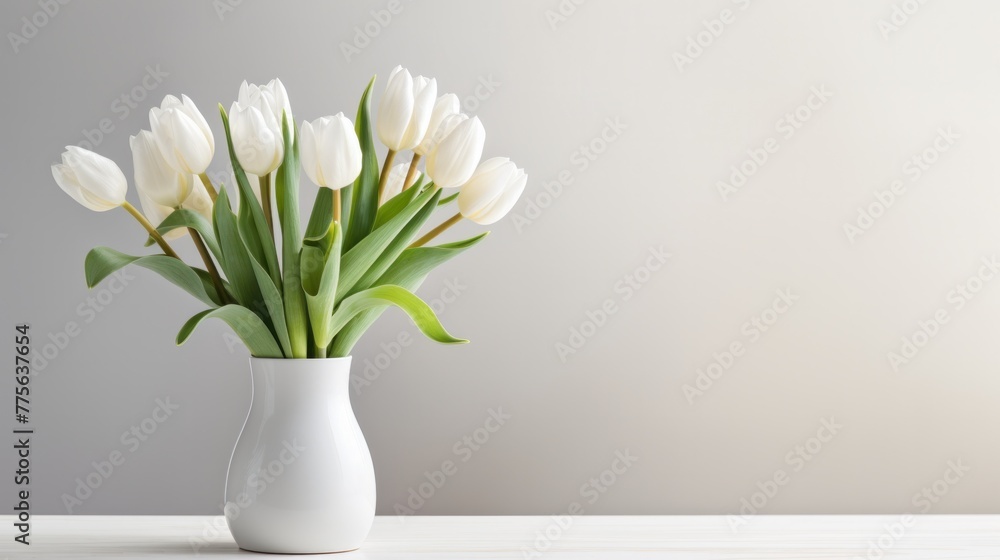 a White spring tulips in a vase on a white