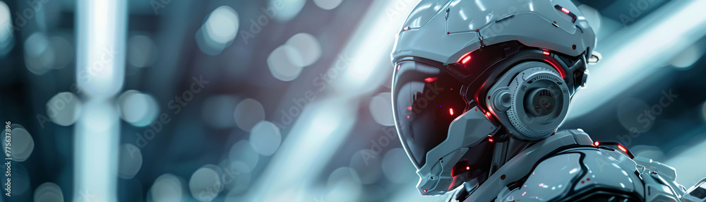 A robot with red eyes and a helmet stands in front of a wall A robot with red eyes and a helmet stands in front of a wall