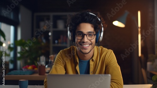Young happy smiling Hispanic Indian latin student having virtual distant class course