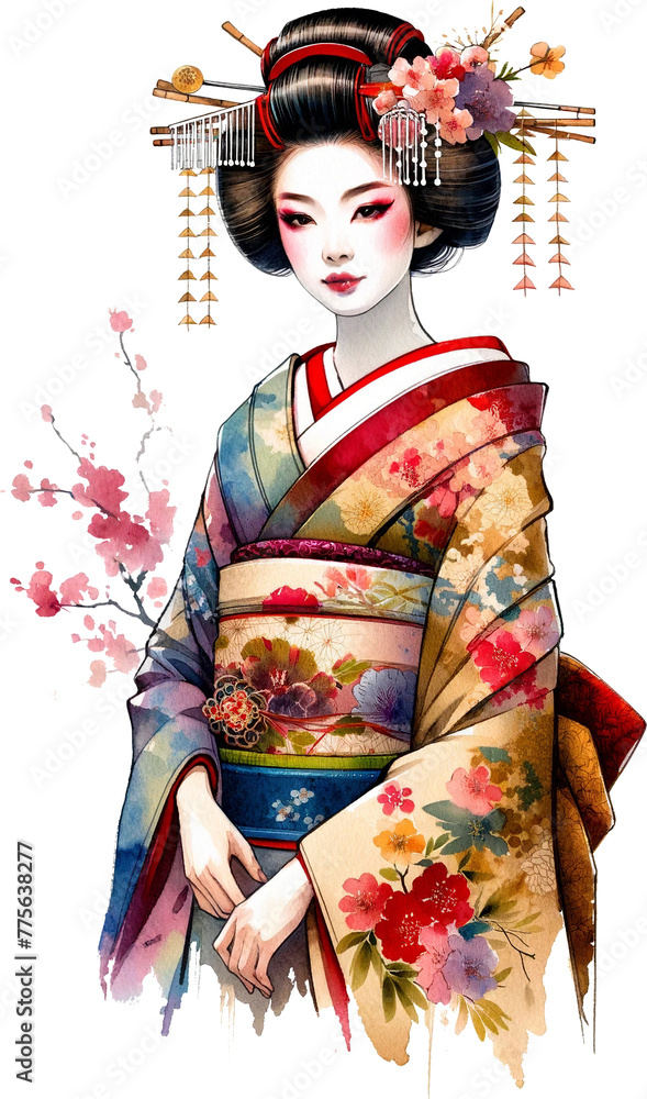 Geisha with Cherry Blossoms Watercolor Clipart Isolated
