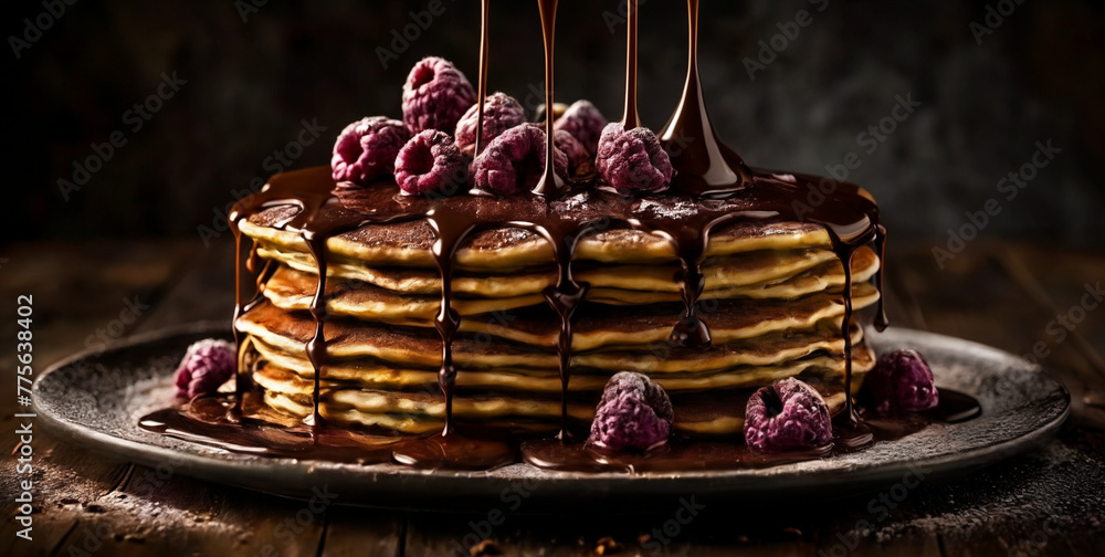 A realistic pancakes, dipped in liquid chocolate, generate ai