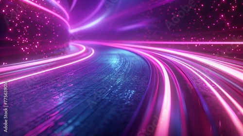 3D render abstract background with neon light lines speed of neon purple and neon green