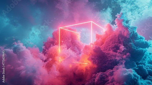 3D render of a colorful cloud with glowing neon in the shape of a cube © MAY