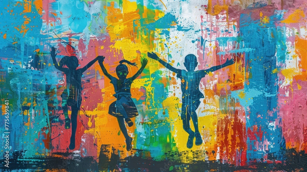 Abstract silhouettes of children jumping joyfully against a colorful backdrop.