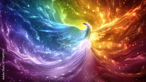 Artistic rendition of a phoenix spreading colorful wings across a cosmic scene.