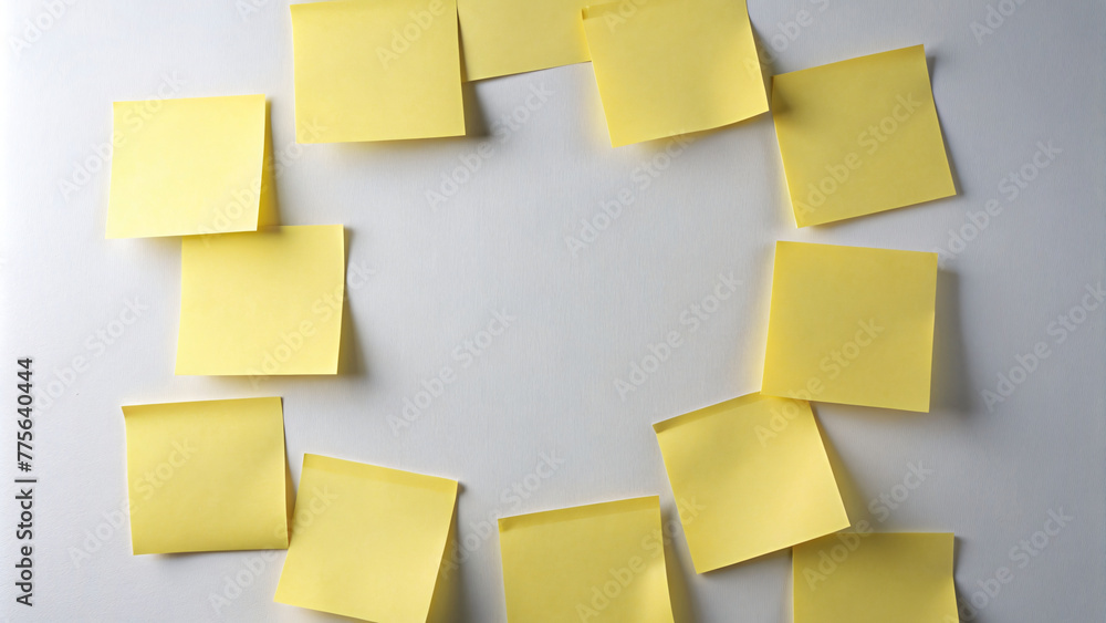 Yellow sticky notes on blank Board with various messages and reminders Yellow sticky notes on blank Board with various messages and reminders
