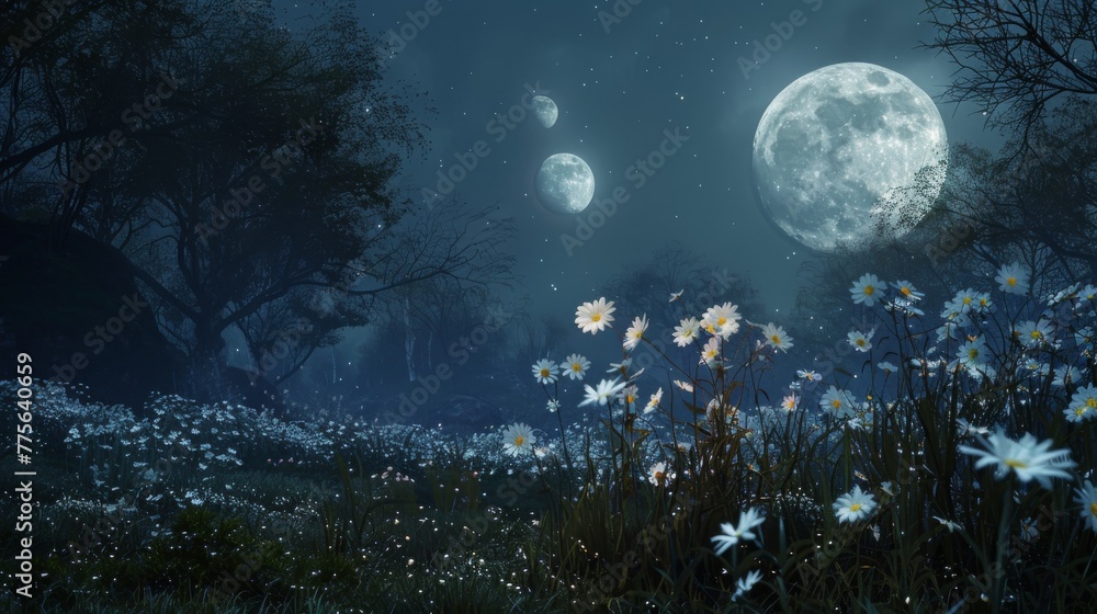 Fototapeta premium A mystical night scene with a full moon illuminating a forest glade scattered with delicate white flowers.