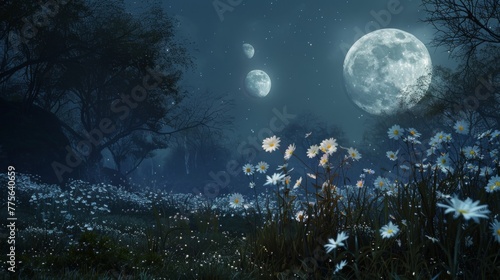 A mystical night scene with a full moon illuminating a forest glade scattered with delicate white flowers.