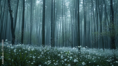 A serene bamboo forest enveloped in mist, with a lush carpet of white flowers covering the ground, evoking a tranquil and mystical atmosphere.
